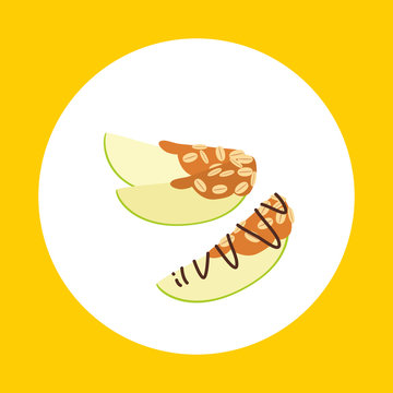 Apple Slices With Peanut Butter, Oatmeal Flakes And Chocolate. Vector Flat Icon Of Healthy Snack.