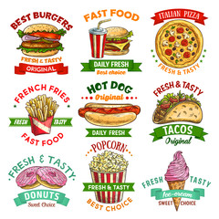 Fast food sketch emblem set with burger and drink - obrazy, fototapety, plakaty