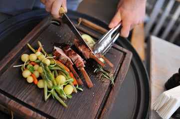 Beautiful serving of meat dishes. Close-up
