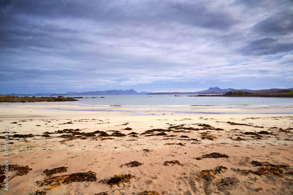 Poster Sandy beach at Mellon Udrigle looking out over Gruinard Bay and the mountains around Ullapool. North West Highlands of Scotland.