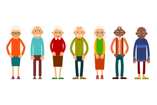 Group older people. Aged people caucasian and african. Elderly men and women. Illustration in flat style. Isolated
