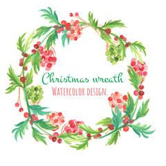 Christmas and new year card. Watercolor clip art is christmas wreth with ball tree, holly and leaf. The image is illustration for object, frame and card.