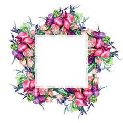 Wildflower bouquet wreath in a watercolor style. Full name of the plant: orchid, rose. Aquarelle wild flower for background, texture, wrapper pattern, frame or border.