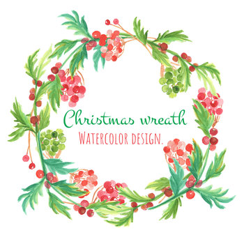 Christmas and new year card. Watercolor clip art is christmas wreth with ball tree, holly and leaf. The image is illustration for object, frame and card.