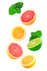 Fototapeta premium Falling pieces of mint, lemon and lime isolated on white
