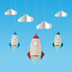 paper rocket and paper clouds Was hanging by rope.