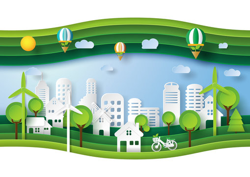 Green eco friendly and save energy concept design.Urban countryside and cityscape of environment conservation paper art style.Vector illustration.