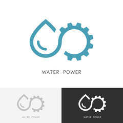 Water power logo - drop of water, gear wheel or pinion and infinity symbol. Alternative energy source, industry and ecology vector icon.