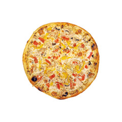 Pizza Provence isolated on white background. Pizza with pepper, tomatoes, cheese, mushrooms, chicken and spices