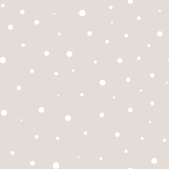 Vector polka dot pattern in pastel colors, white, beige. Monochrome dotted seamless texture. Abstract subtle background with randomly scattered different circles. Design for decor, textile, cover, web