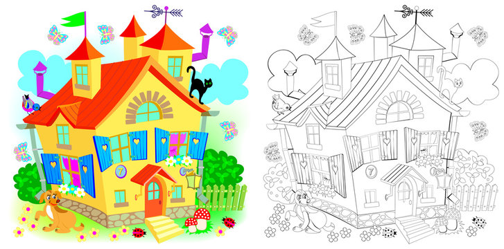 Colorful and black and white pattern for coloring. Fairyland toy house. Worksheet for children and adults. Vector image.