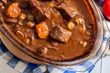 Beef Bourguignon stew in a casserole dish