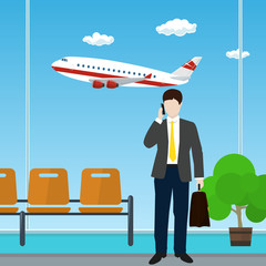 Waiting Room at the Airport, Man with a Briefcase on the Background of a Window with a Flying Airplane, Vector Illustration