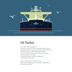 Obraz premium Poster with Industrial Vessel at Sea, Oil Tanker and Text, International Freight Transportation and Shipping, Brochure Flyer Design, Vector Illustration