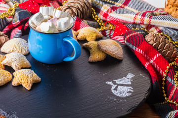 cup of cocoa with marshmallow and home cookies.