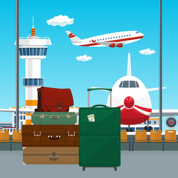 Traveler's Luggage at the Airport, View through the Window at the Runway with Airplanes and Control Tower, Travel and Tourism Concept, Vector Illustration