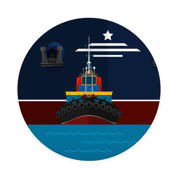 Tugboat Towing a Large Ship Icon, Front View of the Push Boats for to Towage and Mooring of Other Courts , Vector Illustration