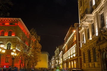 Fototapeta na wymiar RIGA, LATVIA, NOVEMBER 17, 2017: Festival Staro Riga, Beaming Riga celebrating 99th anniversary of independence. Night VECRIGA