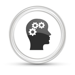 Weißer Button - Kopf mit Zahnrädern - Brainstorming