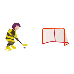 Obraz premium Happy boy playing hockey in yellow black uniform, passing pack to the gate, flat cartoon vector illustration isolated on white background. Flat cartoon little boy playing hockey with puck and stick