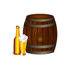 vector realistic beer wooden oak keg barrel with iron rings, glass, bottle of lager golden drink with thick foam set. Ready for your design product mockup. Isolated illustration on a white background.