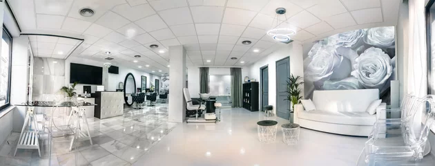 Wall murals Beauty salon Panoramic view of a modern bright beauty salon. Hair salon and pedicure interior business