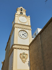 Campanile, bell tower of the Basilica concattedrale di Santa Agata cathedral of Gallipoli. View from Via Antonietta de Pace street. Puglia, Italy.