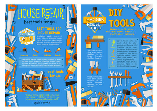 House repair work tool, hand instrument poster set