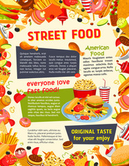 Obraz premium Fast food poster with burger, drink and dessert
