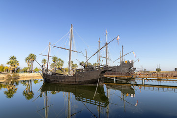 Santa Maria, Nina and Pinta caravels of Christopher Columbus, moored in port of Palos de la...