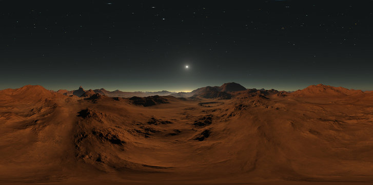 Panorama of Mars sunset, environment HDRI map. Equirectangular projection, spherical panorama. Martian landscape, 3d illustration
