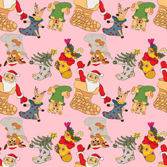 seamless pattern Christmas sock animals and gifts 1
