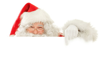 Series of Santa Claus isolated on White Cut out: Holding an empty Sign playing peekaboo, Happy Smile And Pointing Finger