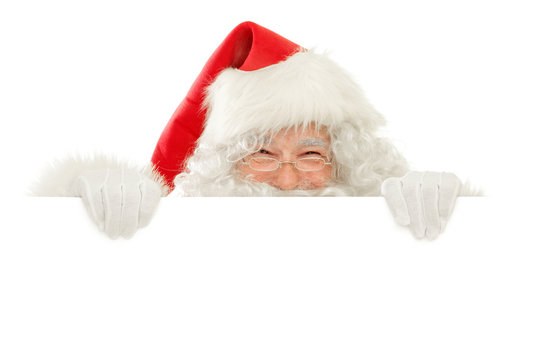 Series of Santa Claus isolated on White Cut out: Holding an empty Blank Sign playing peekaboo, Happy Smile