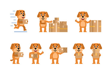 Set of funny yellow dog characters posing with parcel box in different situations. Cheerful dog holding package, running and showing other actions. Flat style vector illustration © paper_owl
