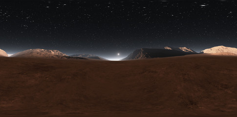 Fototapeta premium Panorama of Mars sunset, environment HDRI map. Equirectangular projection, spherical panorama. Martian landscape, 3d illustration
