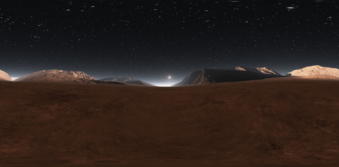 Panorama of Mars sunset, environment HDRI map. Equirectangular projection, spherical panorama. Martian landscape, 3d illustration © Peter Jurik