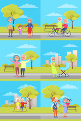 Set of Vector Posters with Grandparents and Kids