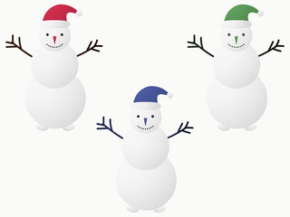 Snowman in Santa Claus hat set. Buttons instead of eyes, branches instead of hands. Vector Illustration