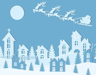 Fototapeta na wymiar New Year Christmas. An image of Santa Claus and deer. Winter city in the New Year. Snow, moon, trees, houses, temple. illustration