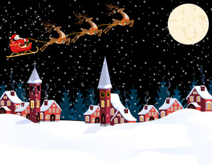 Fototapeta na wymiar New Year Christmas. An image of Santa Claus and deers. Winter city on the eve of the New Year. Snow, the moon, the chapel, the town hall. illustration