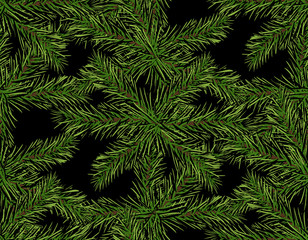 New Year Christmas. Green tree branch close-up on a dark background. Seamless pattern. Isolated Illustration