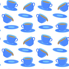 Seamless pattern with blue cups with tea and coffee