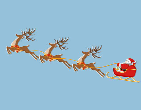 New Year Christmas. Picture of a deer, sleigh and Santa Claus. In color. Cut from white paper with a shadow. illustration