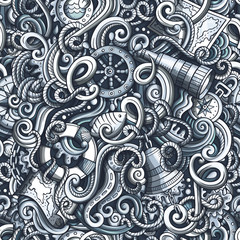 Cartoon hand-drawn nautical doodles seamless pattern