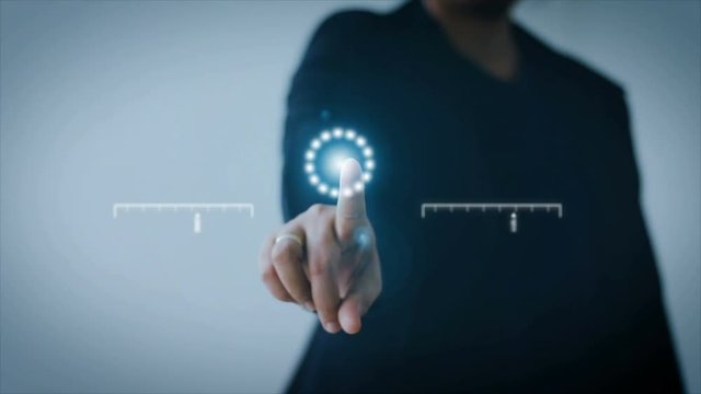 4K Business woman pointing finger on HUD And graph bar pi for Cyber futuristic concept technology element on the dark background