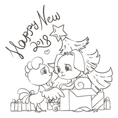 Funny cartoon card with dog and rooster. Symbols of 2017 and 2018. Happy New Year illustration