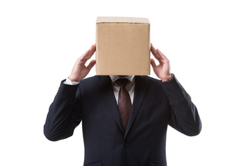 businessman with box on head having headache