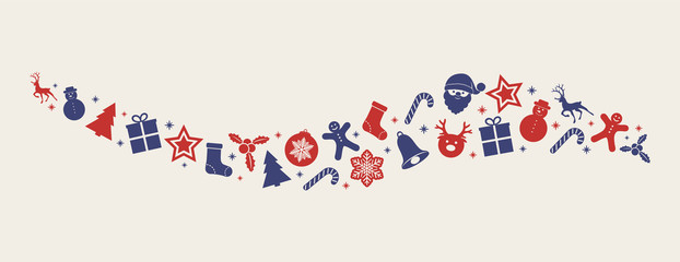 Obraz premium Panoramic banner with red and blue Christmas decorations. Vector. 
