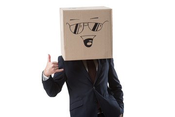 businessman with box with smile sign on head